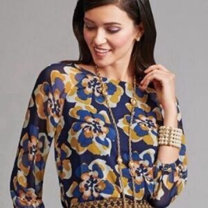 Cabi Lydia navy/blue/gold floral sheer blouse size XS style #3426 with shell